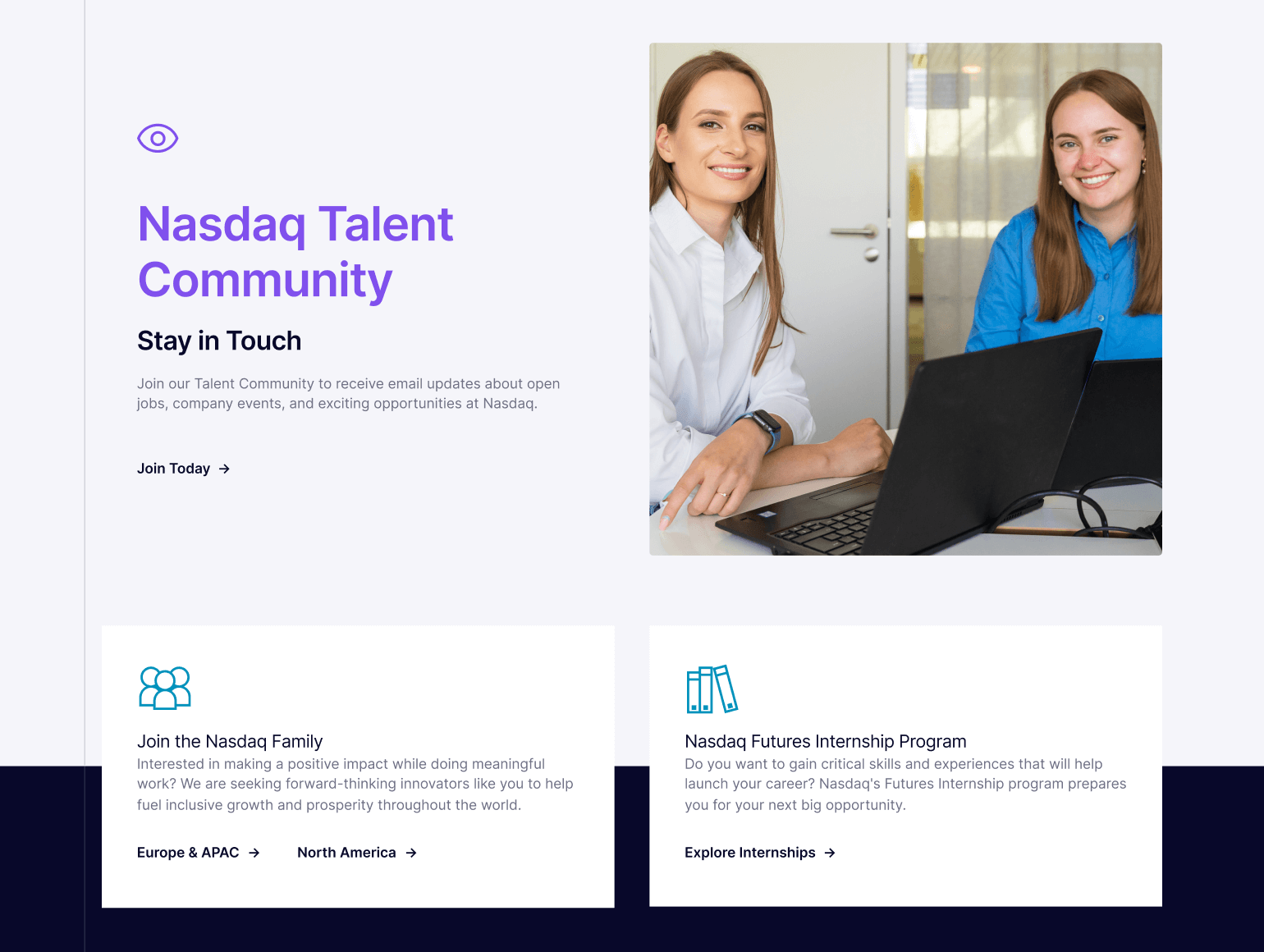 careers landing page: talent community, job board, internship CTAs